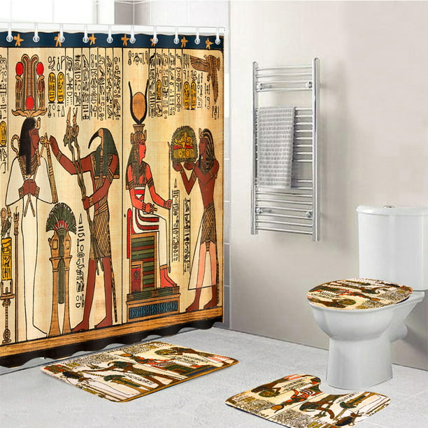 Egyptian Mural Shower Curtain Bath Mat Toilet Cover Rug Home Bathroom Decor